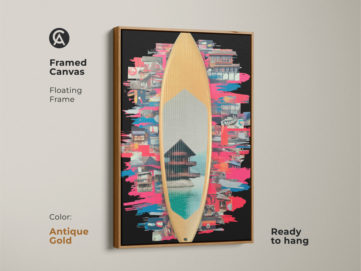 This framed canvas features surfboard collage artwork. It has a floating antique gold frame ready to hang. The piece blends Japanese architecture with surf culture. It's a unique art gift idea with a vibrant flair. Perfect for coastal modern decor with blue and teal accents.