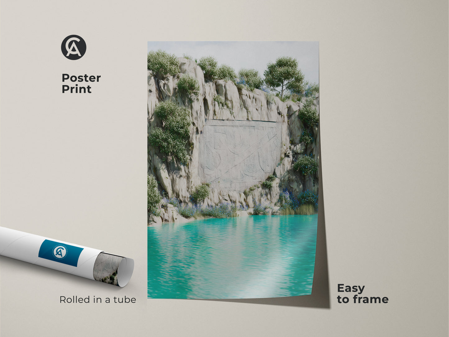 Poster print of a surreal cliff landscape. Rolled in a tube and easy to frame. Features teal gray turquoise water and fantasy nature carved stone artwork. This eclectic home decor nature art is a unique gift for travel enthusiasts. A perfect housewarming present for nature lovers.