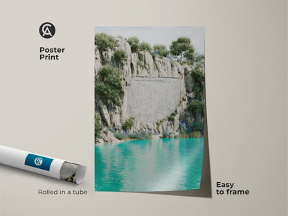 Poster print of a surreal cliff landscape. Rolled in a tube and easy to frame. Features teal gray turquoise water and fantasy nature carved stone artwork. This eclectic home decor nature art is a unique gift for travel enthusiasts. A perfect housewarming present for nature lovers.