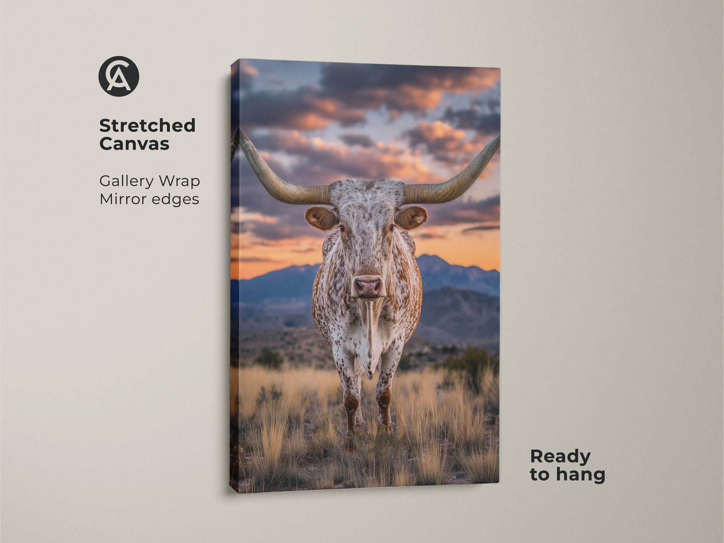 Gallery wrapped longhorn canvas art showcases mirror edges. This rustic western wall art is ready to hang. The farmhouse landscape art captures a stunning mountain sunset. It's an ideal cowboy gift.