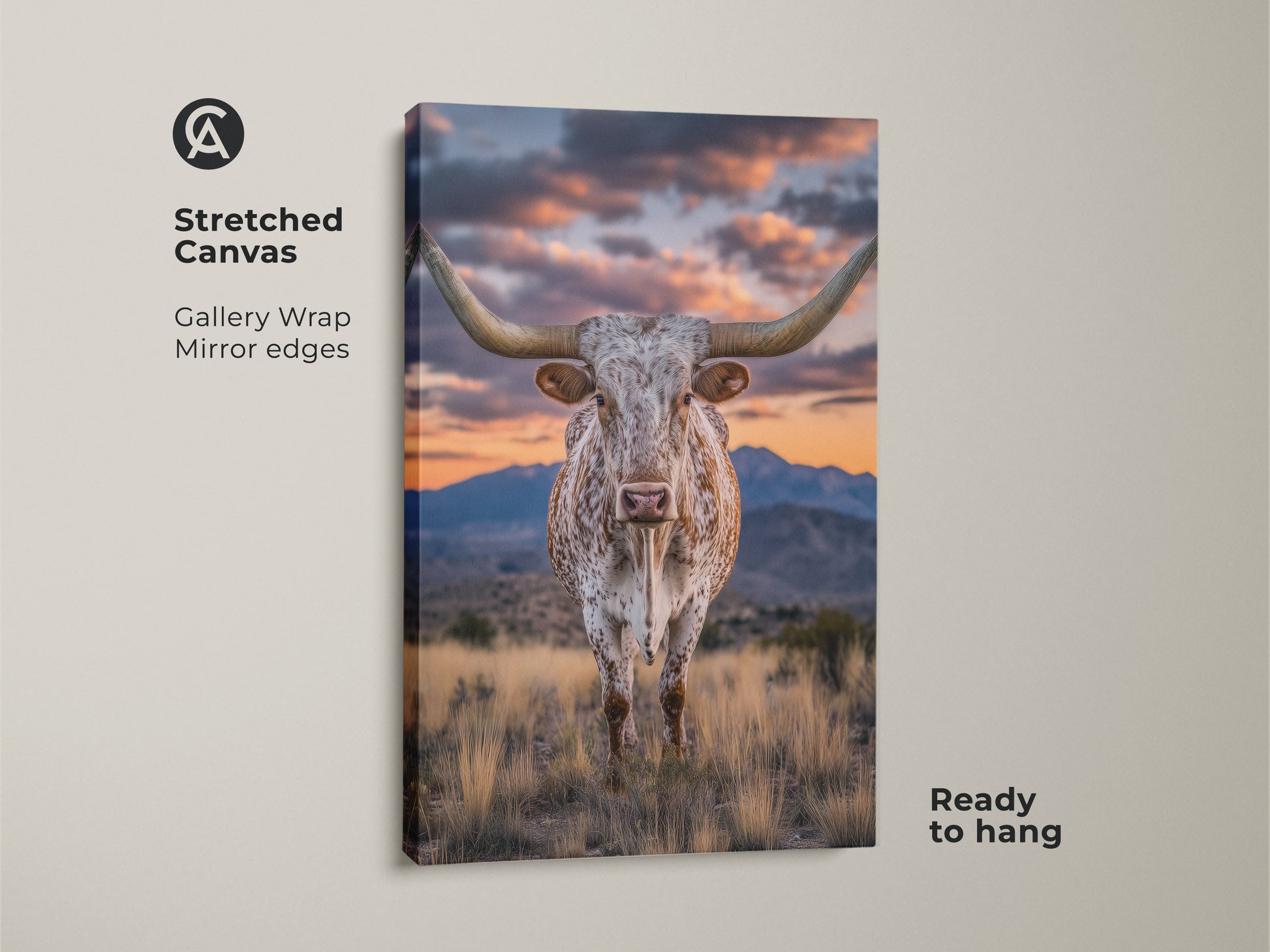 Gallery wrapped longhorn canvas art showcases mirror edges. This rustic western wall art is ready to hang. The farmhouse landscape art captures a stunning mountain sunset. It's an ideal cowboy gift.