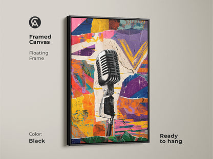 Framed Canvas with a floating frame showcasing the Retro Microphone Collage. The black frame enhances the urban vintage mic art. This eclectic studio decor is ready to hang in your music room.
