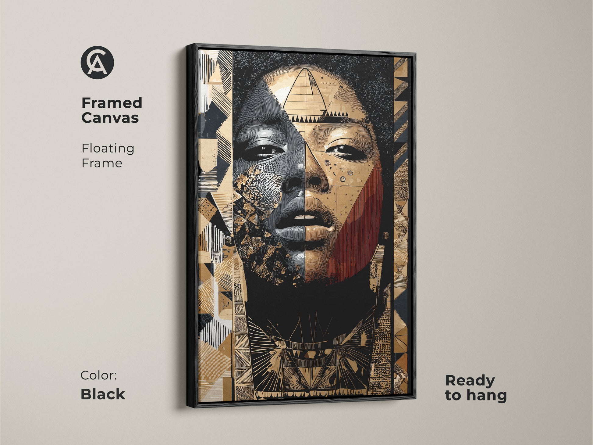 Framed canvas featuring black gold geometric wall art. The floating frame enhances the abstract woman portrait art. Ready to hang eclectic tribal canvas print. Perfect modern face artwork.