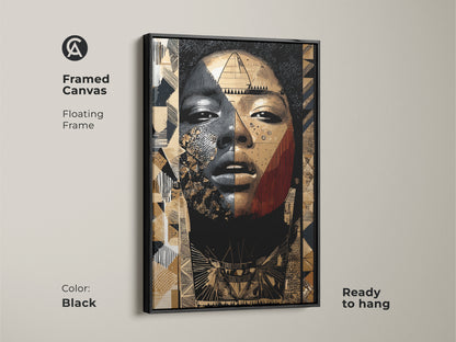 Framed canvas featuring black gold geometric wall art. The floating frame enhances the abstract woman portrait art. Ready to hang eclectic tribal canvas print. Perfect modern face artwork.