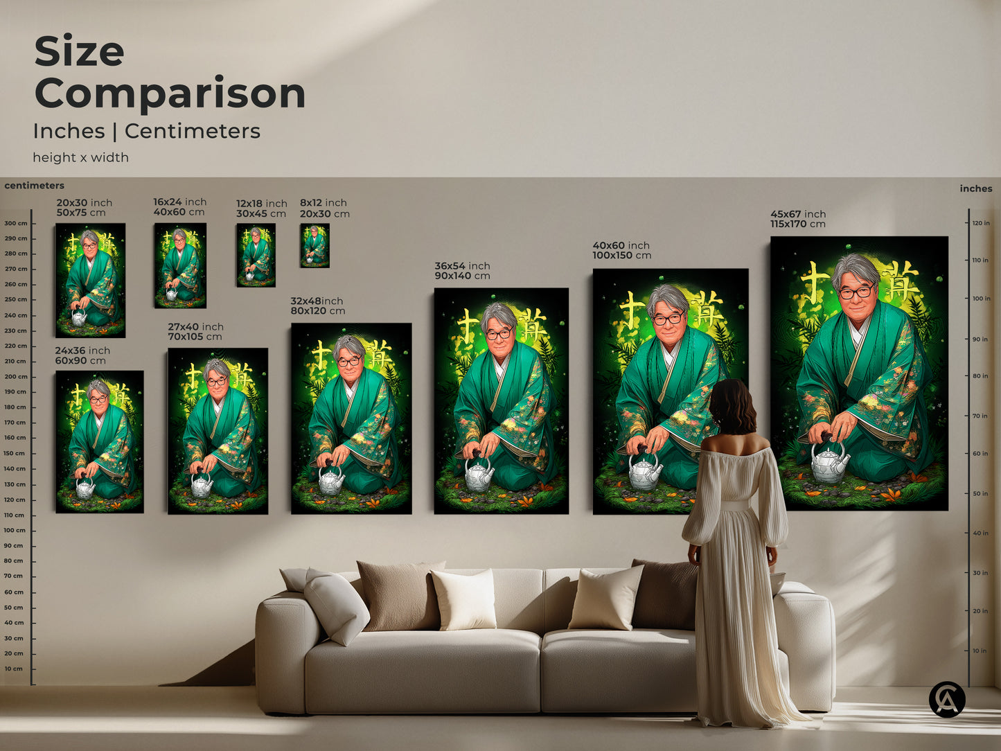 Size comparison guide showing inches and centimeters. Featuring a zen portrait art print in various sizes perfect for eclectic home decor. Find the ideal Japanese man in kimono wall hanging.