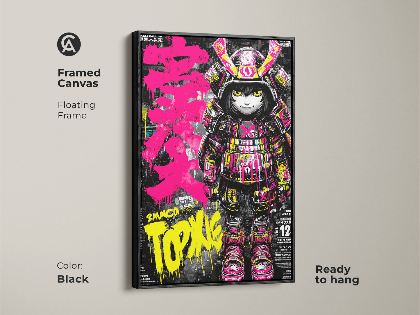 A framed canvas of the Smaco Topix samurai artwork with a black floating frame is displayed. This ready-to-hang piece combines urban art with traditional warrior elements. It is perfect for a modern edgy aesthetic.