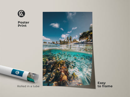 Poster print showcasing a split view of the ocean. It includes a tropical beach and vibrant coral reef. Easy to frame aqua blue ocean art for beach lovers.