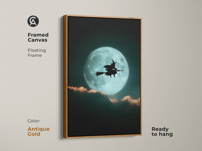 Antique gold framed canvas featuring a witch silhouette against a luminous teal moon. This witchy art is ready to hang. A perfect piece for dark academia decor or a unique witch art gift.