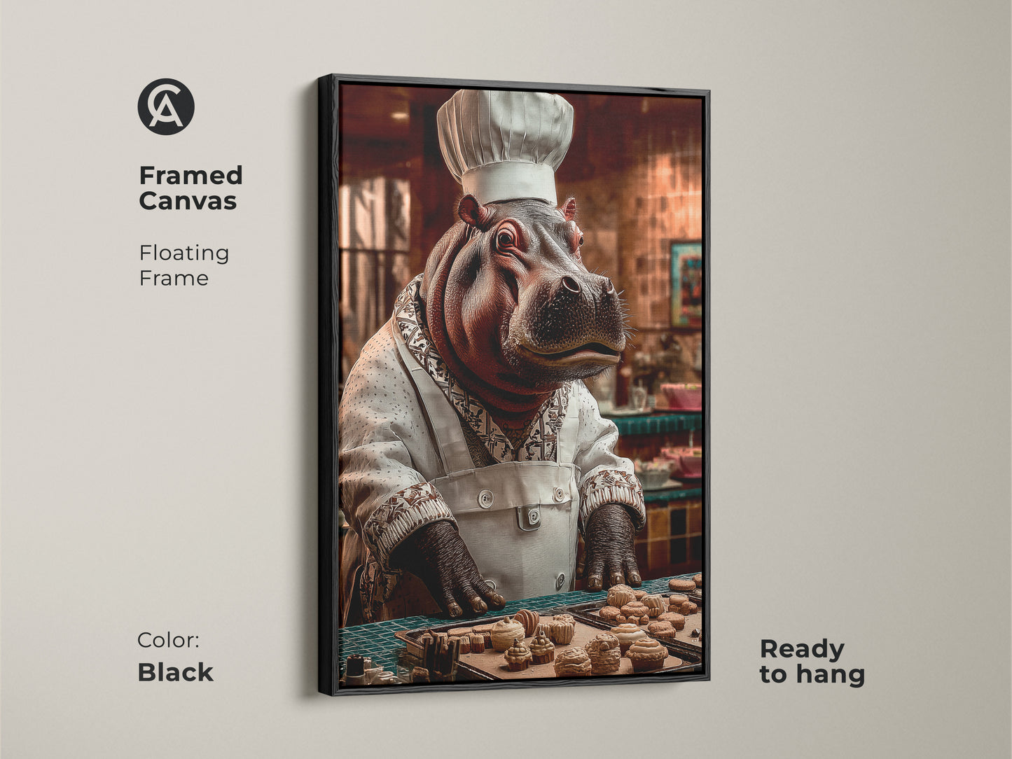A framed canvas in black shows the hippo chef art ready to hang. The floating frame enhances the piece. The quirky baking decor with red white and brown accents is perfect for kitchen or dining room decor. A customizable art print that will bring a smile to your home.