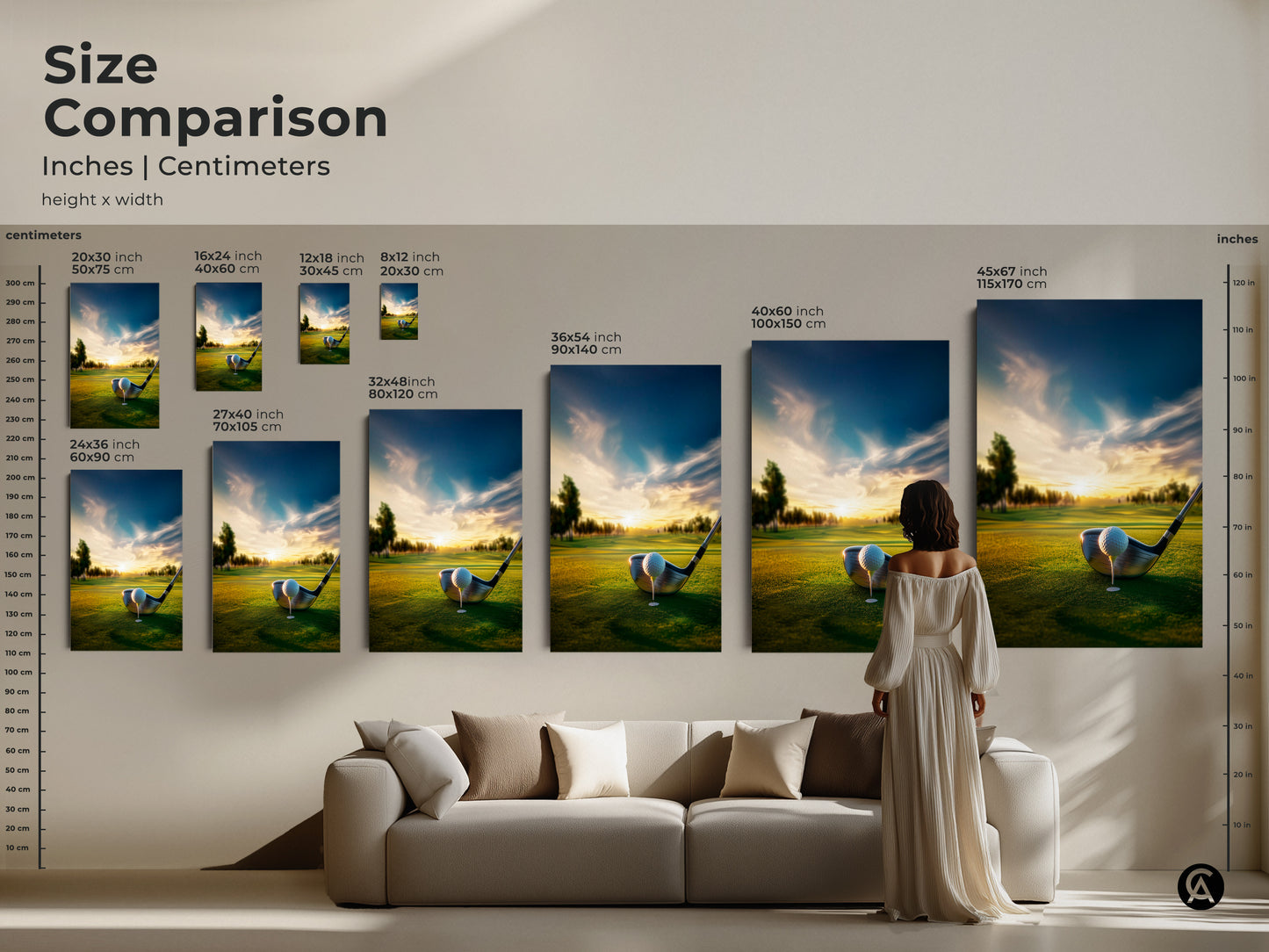 Size comparison of golf course artwork in inches and centimeters. See how different sizes fit in your home. Options include canvas and poster prints. Find the ideal size for your wall decor. Elevate your space with beautiful golf course art. Shop now.