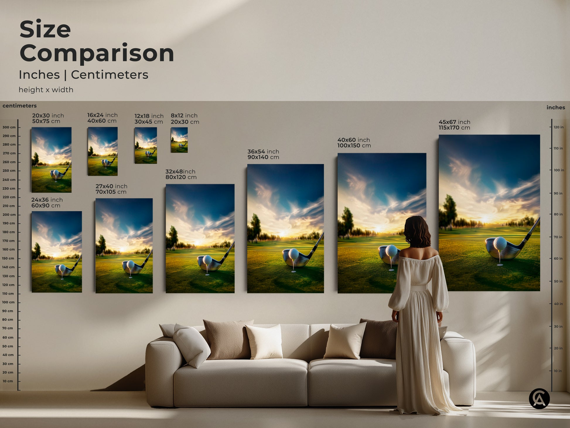 Size comparison of golf course artwork in inches and centimeters. See how different sizes fit in your home. Options include canvas and poster prints. Find the ideal size for your wall decor. Elevate your space with beautiful golf course art. Shop now.