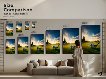 Size comparison of golf course artwork in inches and centimeters. See how different sizes fit in your home. Options include canvas and poster prints. Find the ideal size for your wall decor. Elevate your space with beautiful golf course art. Shop now.