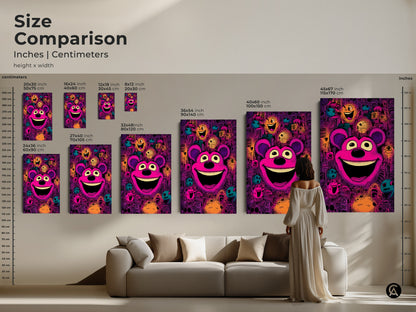 Art size comparison showcasing a pop art teddy bear artwork. See how different sizes fit above a sofa. Explore the artwork in various dimensions to find the ideal scale for your living room wall decor.