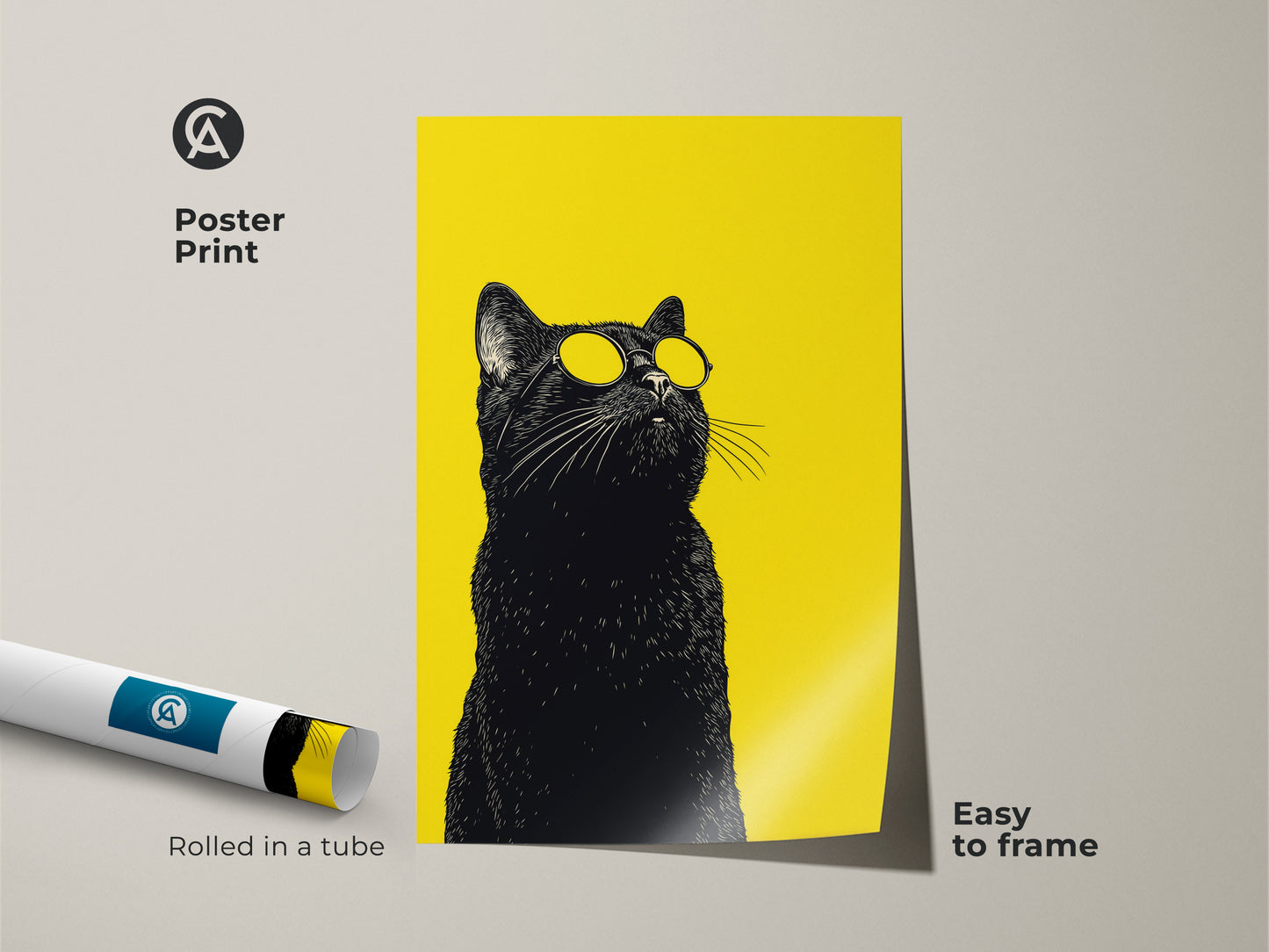 A poster print of a cool black cat with sunglasses against a vibrant yellow backdrop. This pop art animal poster is easy to frame. It makes a unique cat poster for animal lovers.