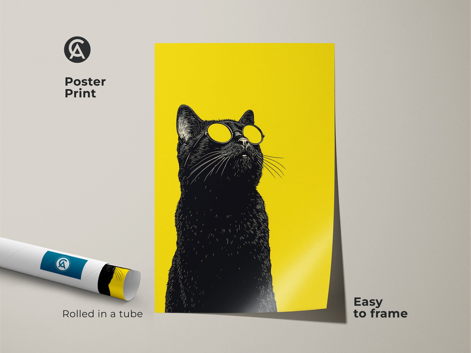 A poster print of a cool black cat with sunglasses against a vibrant yellow backdrop. This pop art animal poster is easy to frame. It makes a unique cat poster for animal lovers.