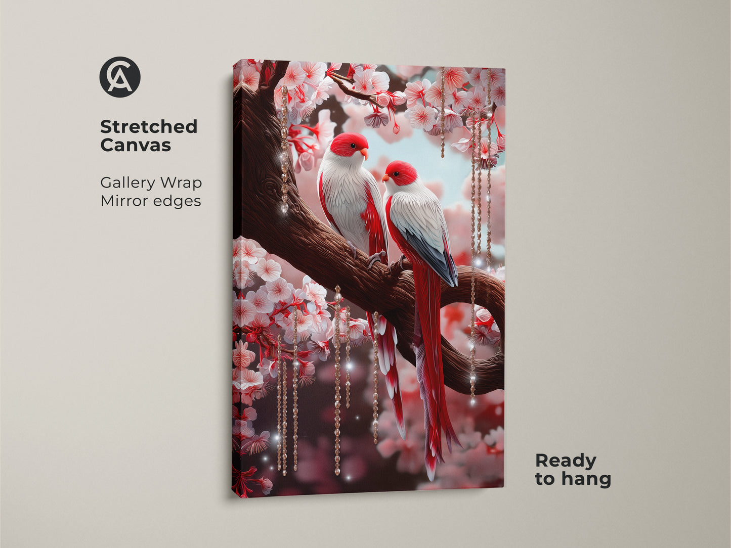 Stretched canvas art features red lovebirds on a cherry blossom branch. Shimmering crystals hang. This gallery-wrapped artwork is ready to hang. It brings dreamy nature into your space. This is an ideal couple gift.