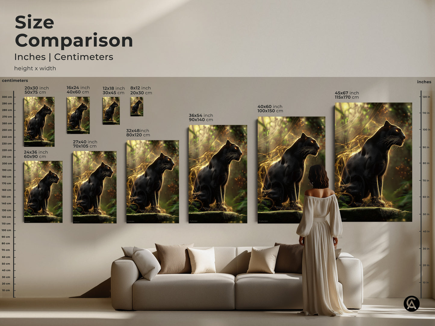 Size comparison of the Black Panther art in inches and centimeters. Visualize how this gold jungle cat print fits your space. Ideal wildlife wall decor for living rooms or bedrooms. Elevate your home with this fantasy animal art.