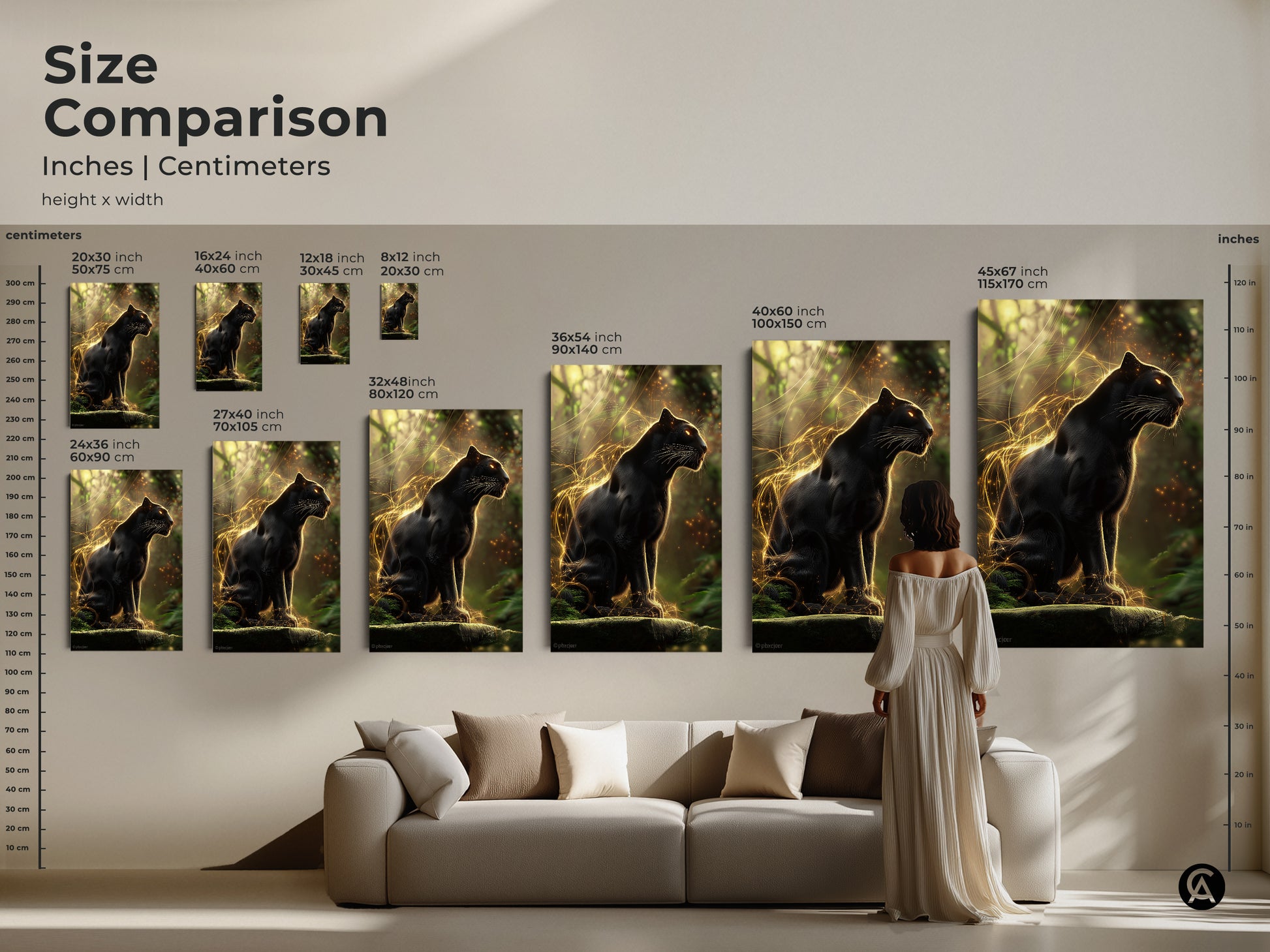 Size comparison of the Black Panther art in inches and centimeters. Visualize how this gold jungle cat print fits your space. Ideal wildlife wall decor for living rooms or bedrooms. Elevate your home with this fantasy animal art.