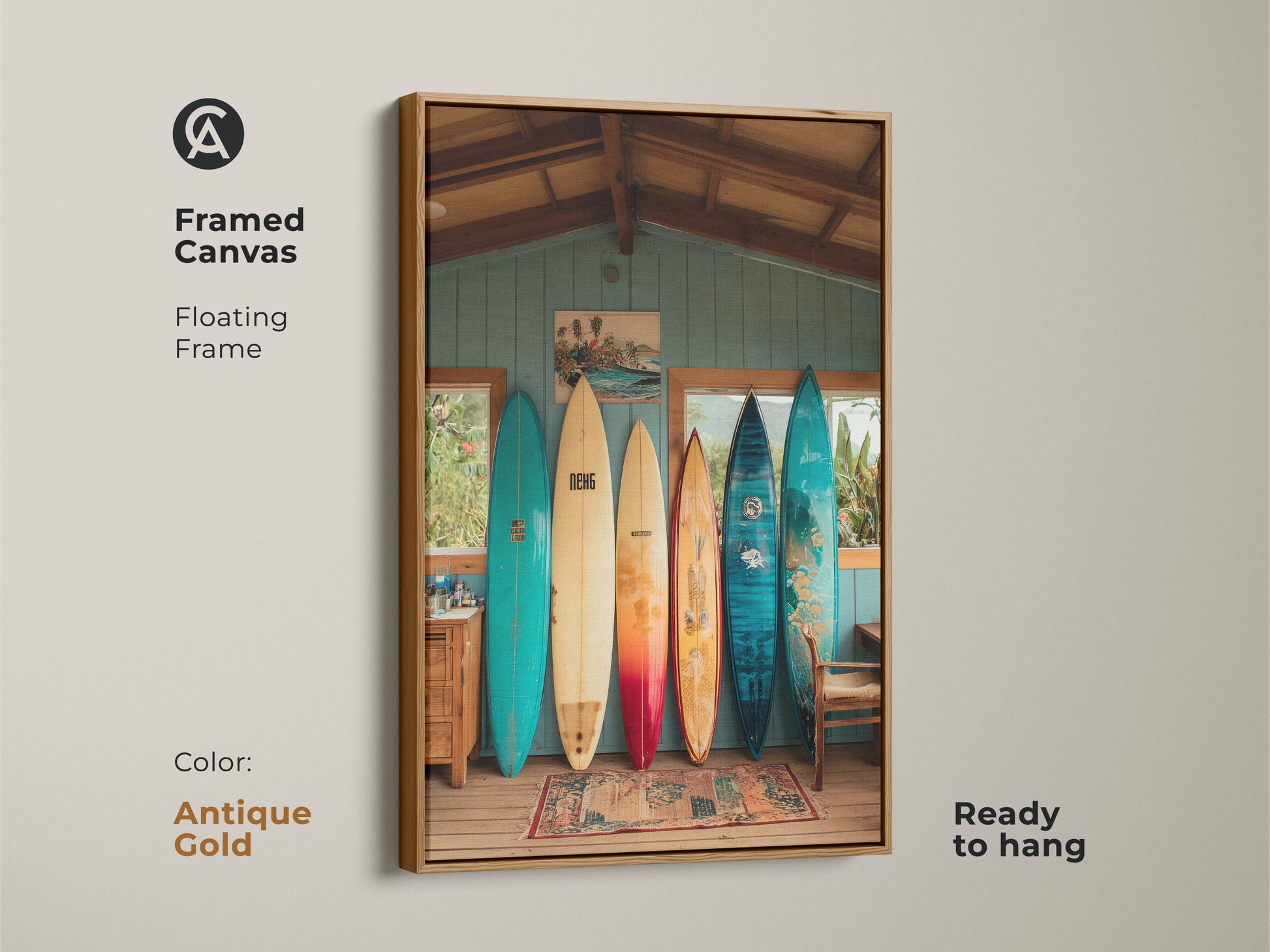 This framed canvas features a beach house interior. Vintage surfboards leaning against a wall. The floating frame is antique gold. It is ready to hang. Perfect for adding coastal artwork to any room. A great conversation starter.