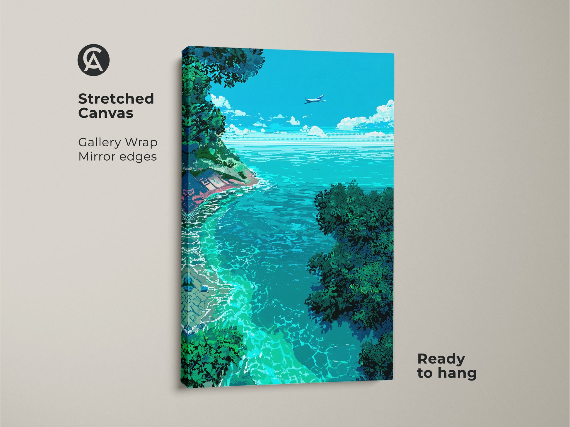 Stretched canvas art featuring a pixelated seascape. The artwork shows a vibrant ocean framed by green foliage and a blue sky with an airplane. A gallery wrap with mirrored edges ensures a contemporary look. Ready to hang.