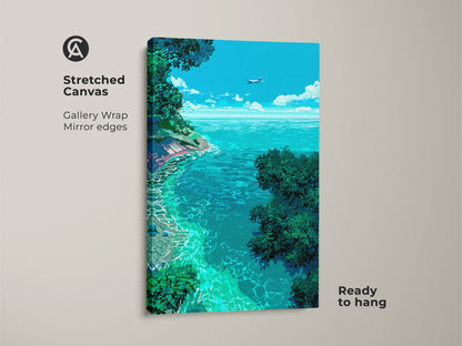 Stretched canvas art featuring a pixelated seascape. The artwork shows a vibrant ocean framed by green foliage and a blue sky with an airplane. A gallery wrap with mirrored edges ensures a contemporary look. Ready to hang.