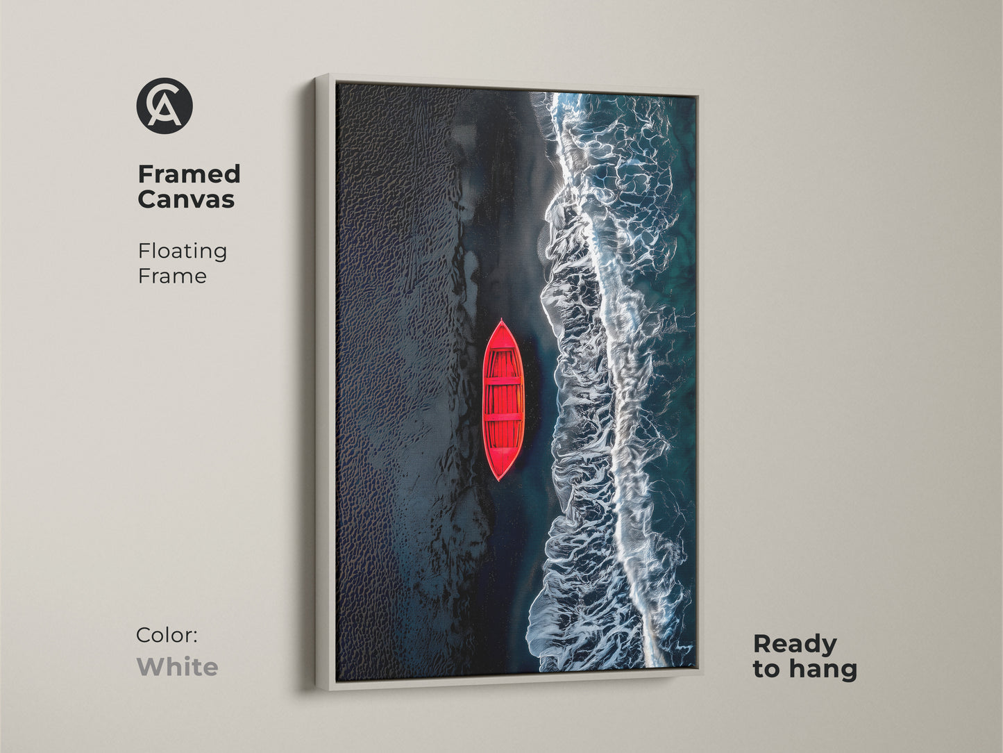 Framed canvas art featuring a red boat on a beach with black sand. The artwork has a clean white floating frame. This canvas is ready to hang and will elevate any room's decor. A perfect addition to your art collection.