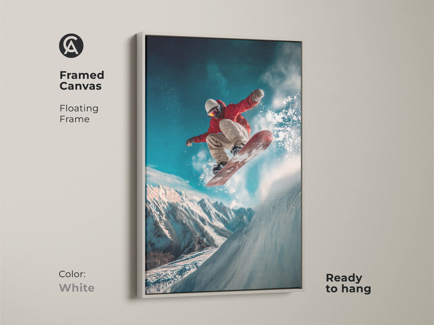 A framed canvas art print features a snowboarder mid-jump. The floating white frame enhances the image. It is ready to hang and adds a modern touch to any room. The snowboarder art is a visually stunning piece.