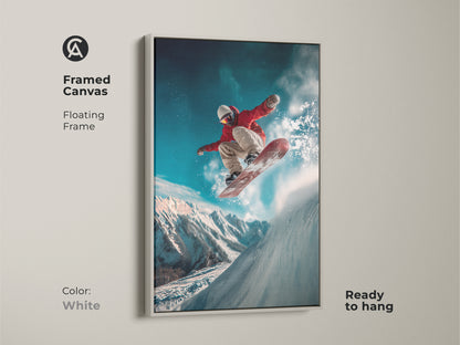 A framed canvas art print features a snowboarder mid-jump. The floating white frame enhances the image. It is ready to hang and adds a modern touch to any room. The snowboarder art is a visually stunning piece.
