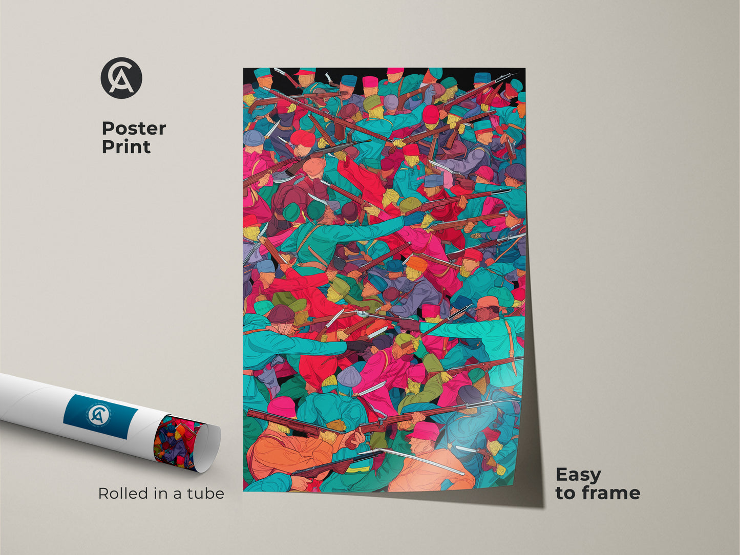 Poster print of a historical battle scene artwork. The artwork shows soldiers with muskets in teal orange and red colors. It comes rolled in a tube and is easy to frame. This vibrant and bold illustration style makes it perfect for a study or office wall art.