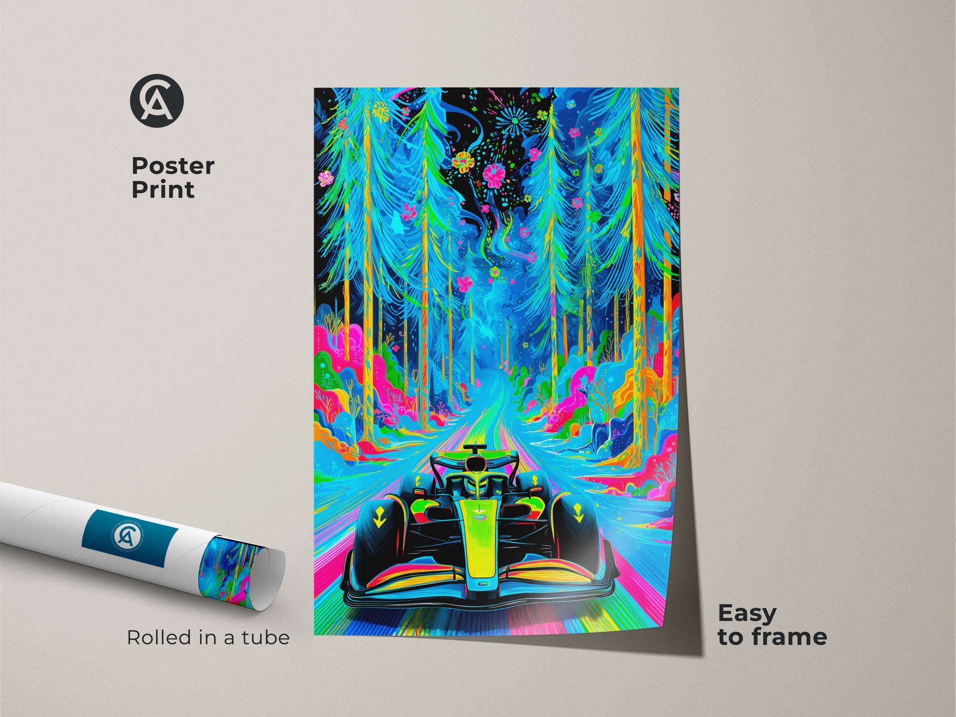 This poster print features a neon abstract F1 car speeding through a forest. The vibrant colors and Glitch Art style create a unique piece. Easy to frame and perfect for any room. Show your love for motorsport with this fun artwork.