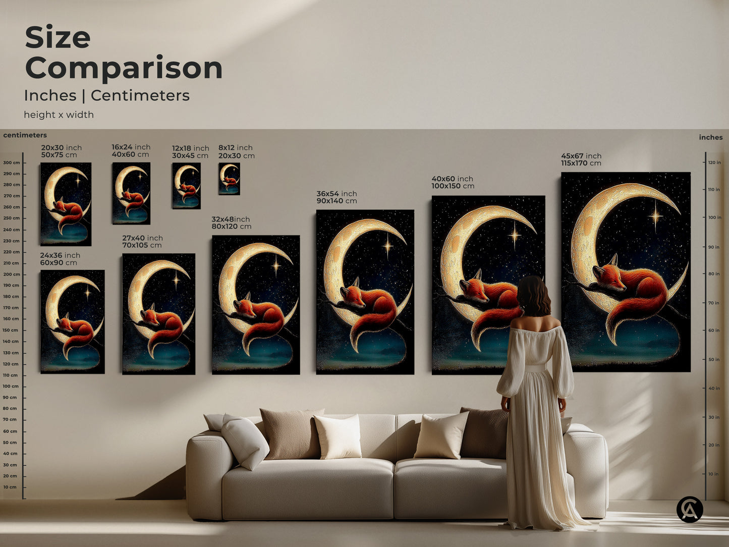 Size comparison for fox sleeping on moon art. See how different sizes look above a sofa. This whimsical moon fox art is ideal for a kids room or nursery. Available in various dimensions.