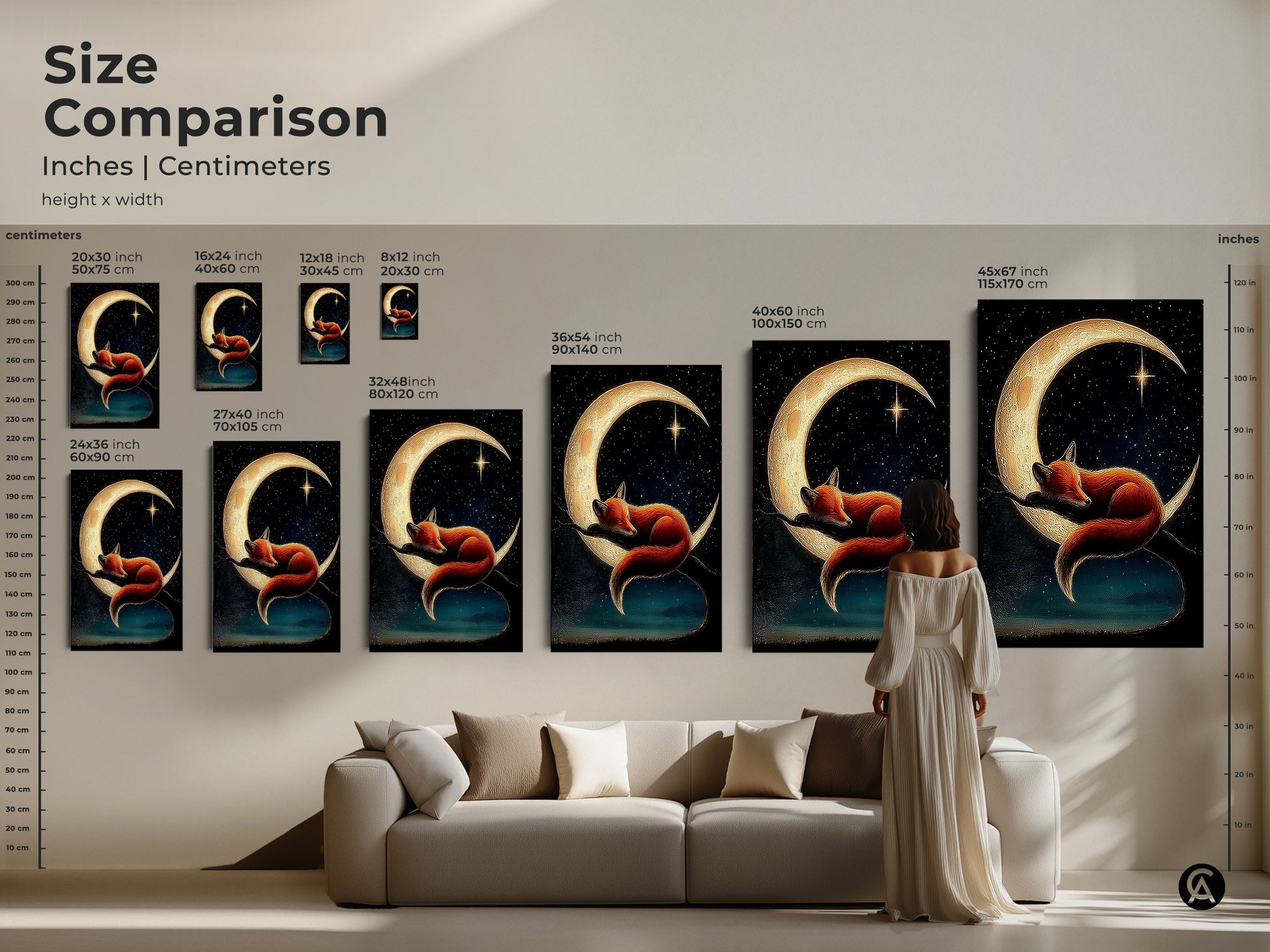 Size comparison for fox sleeping on moon art. See how different sizes look above a sofa. This whimsical moon fox art is ideal for a kids room or nursery. Available in various dimensions.
