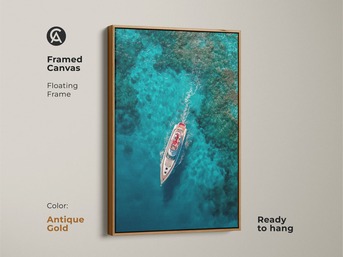 Add a touch of luxury with this framed canvas print. This yacht artwork features a floating frame in antique gold. The turquoise waters create a serene backdrop. Ready to hang this artwork enhances any space. Discover yacht art today.