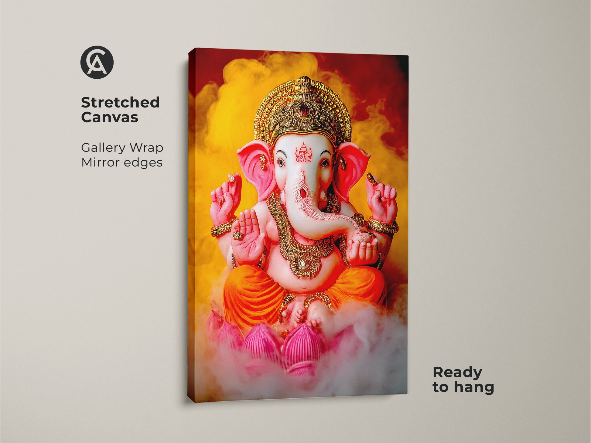 Lord Ganesha canvas print showcases a vibrant Hindu deity artwork. The spiritual Indian art features lotus and orange pink yellow colors. This piece is ready to hang. It is perfect for meditation space art. Eclectic wall art with traditional Indian painting elements.