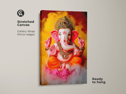Lord Ganesha canvas print showcases a vibrant Hindu deity artwork. The spiritual Indian art features lotus and orange pink yellow colors. This piece is ready to hang. It is perfect for meditation space art. Eclectic wall art with traditional Indian painting elements.
