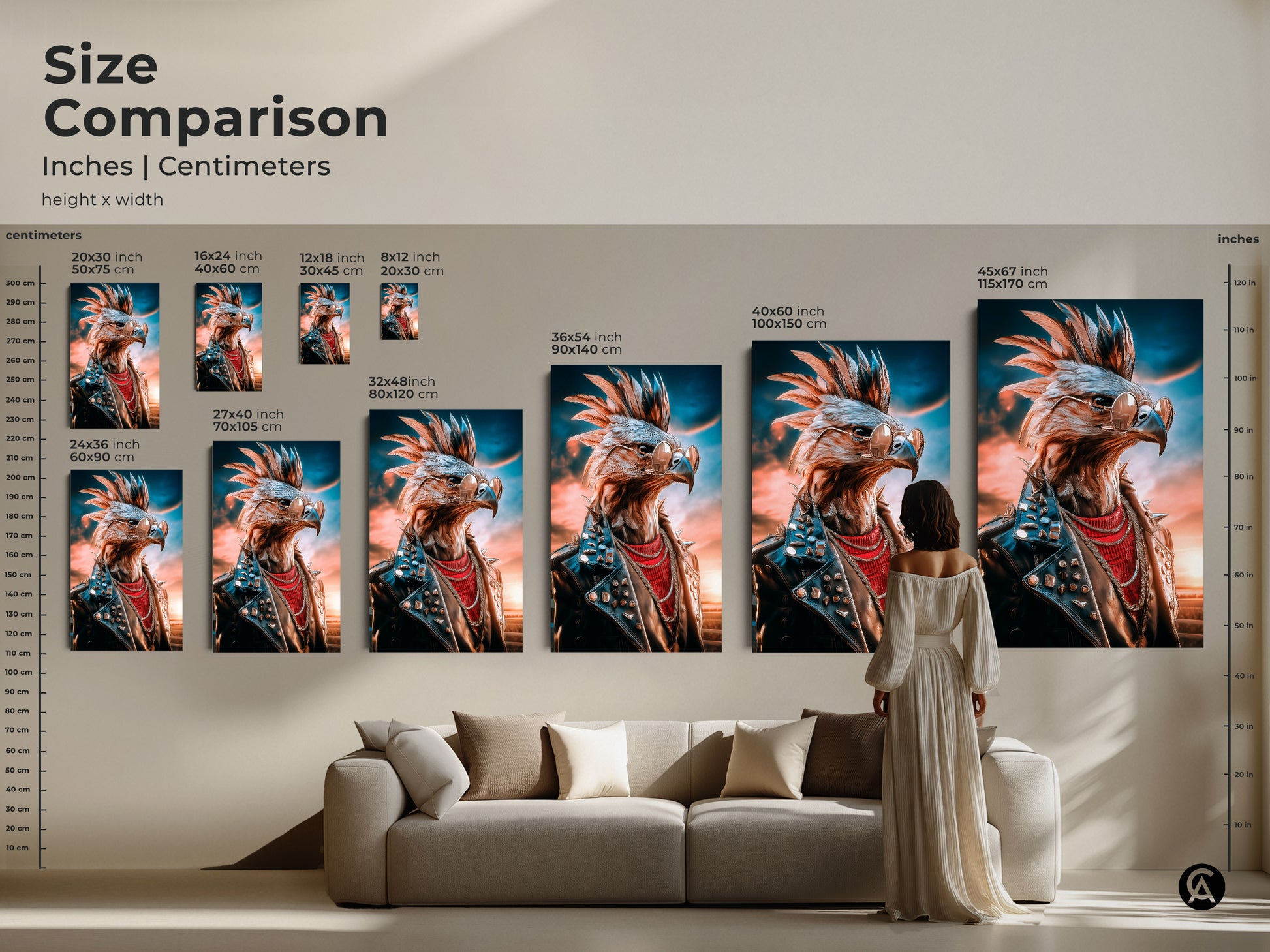 Size comparison of the rocker eagle canvas artwork in inches and centimeters. See how the punk rock animal print looks in different sizes. Visualize the blue and orange wall decor in your space. Perfect for a man cave gift and rock music fans.