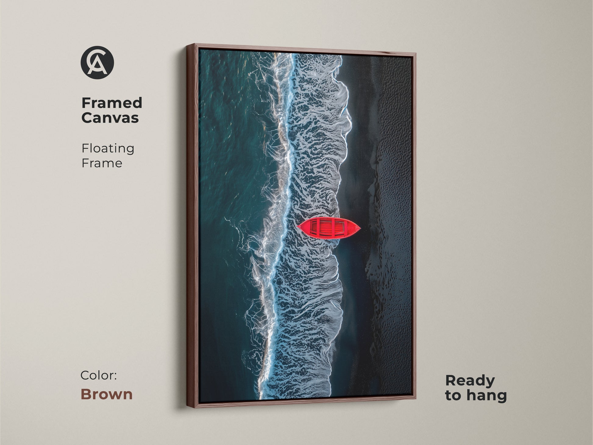A framed canvas showcasing a red boat on a beach. The ocean waves are turquoise. The floating frame is brown. It's ready to hang. This artwork captures coastal beauty.