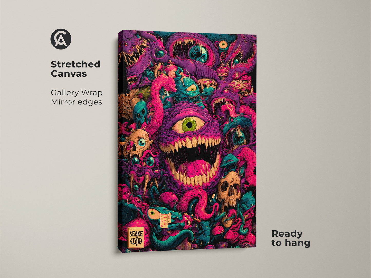 Stretched Canvas Gallery Wrap. This print features monster artwork with skulls tentacles and eyeballs. The vibrant color palette includes purples pinks & teals. Ready to hang this canvas adds a bold touch to your space.