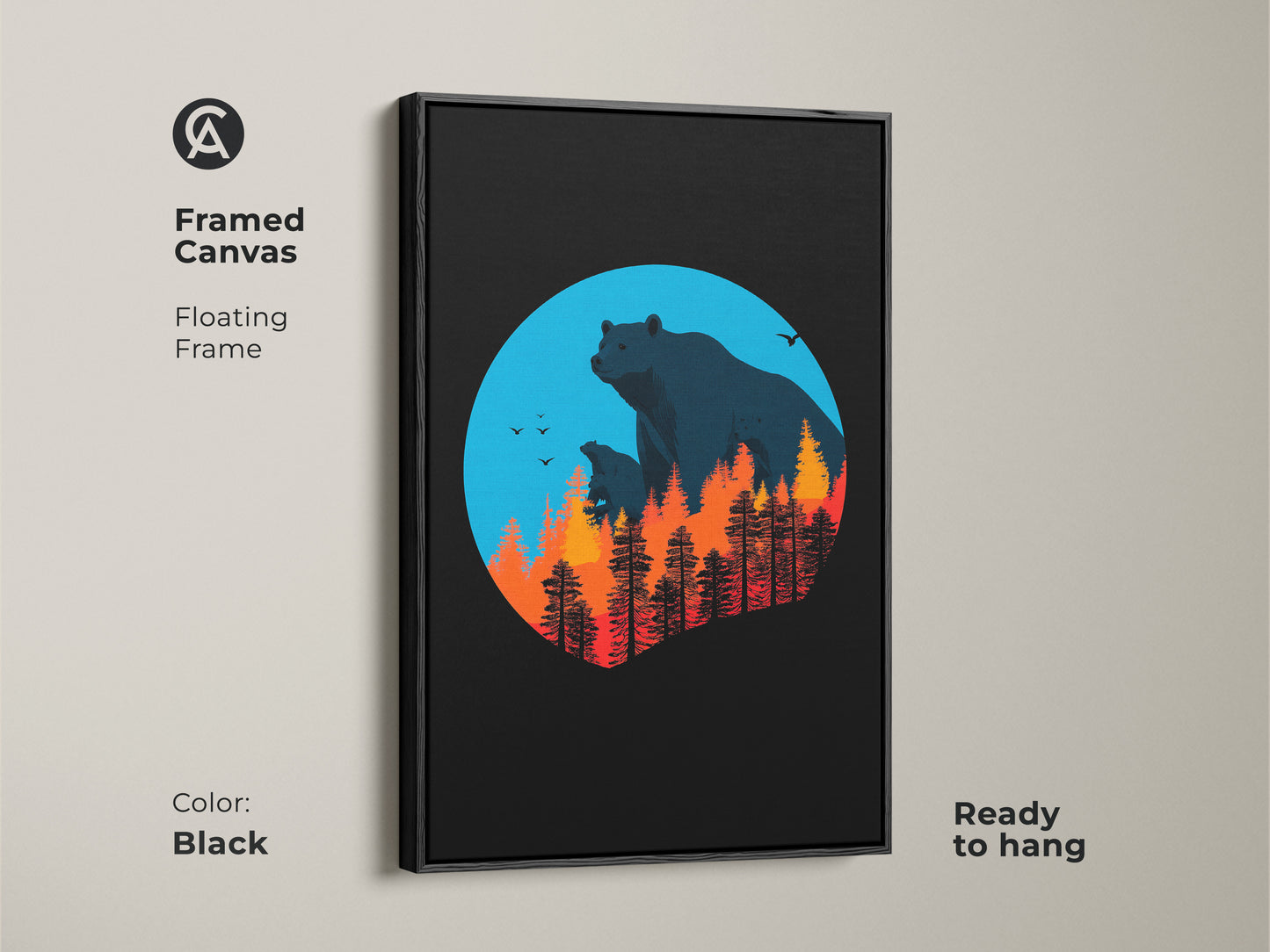 A framed canvas shows bears amidst a forest fire within a blue circle. The black floating frame complements the modern artwork. Ready to hang this is a great addition to residential spaces looking for a touch of nature and a wildlife narrative.