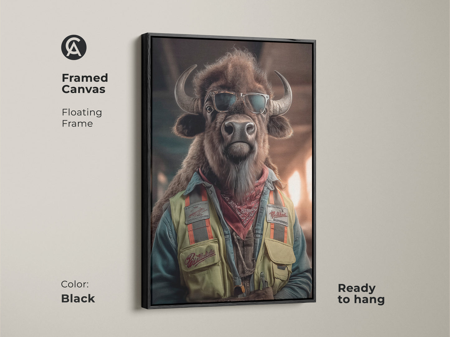 Framed canvas of the Eclectic Bison Wall Art with a black floating frame. This Sunglasses Bison Canvas print is ready to hang. The tan and teal artwork adds a touch of personality to any space. It makes a perfect modern office wall decor.