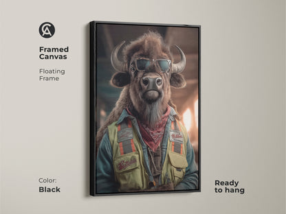 Framed canvas of the Eclectic Bison Wall Art with a black floating frame. This Sunglasses Bison Canvas print is ready to hang. The tan and teal artwork adds a touch of personality to any space. It makes a perfect modern office wall decor.