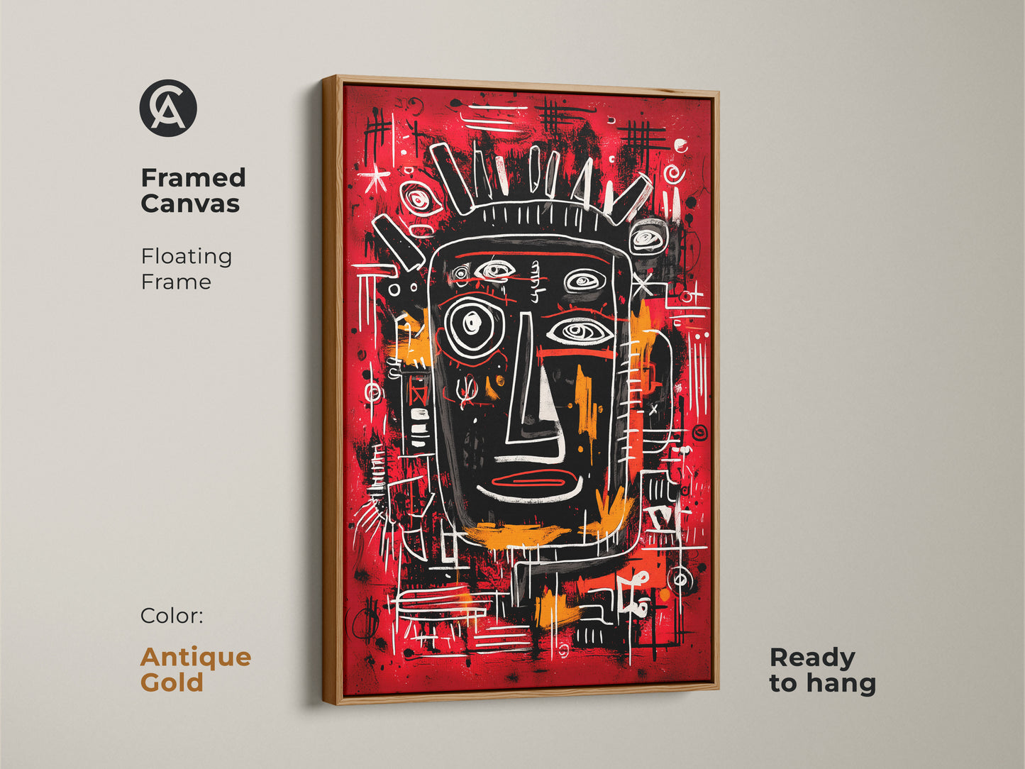 Framed canvas art with a floating frame. The artwork features an abstract face. The frame is antique gold and ready to hang. This striking piece offers a luxurious and artistic touch to any room.