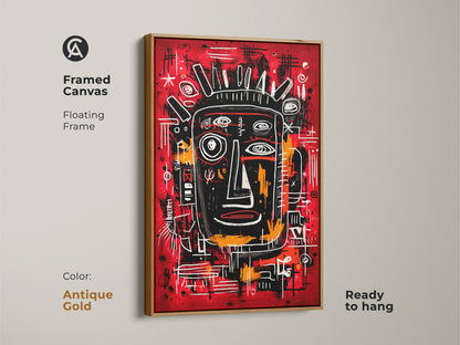 Framed canvas art with a floating frame. The artwork features an abstract face. The frame is antique gold and ready to hang. This striking piece offers a luxurious and artistic touch to any room.