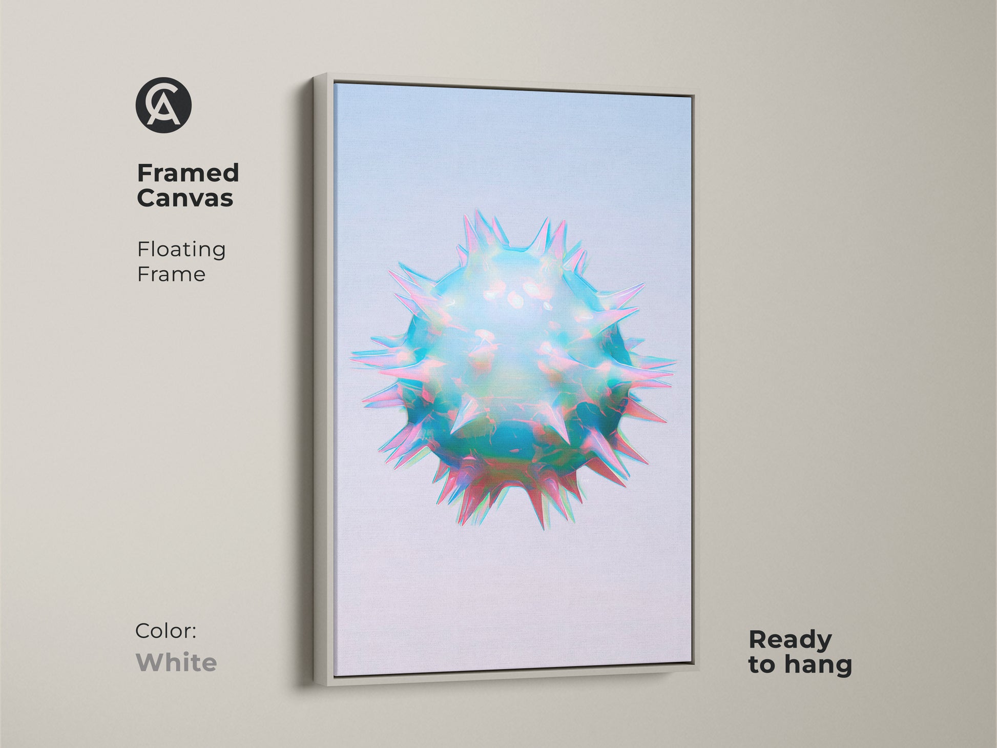 White framed canvas of holographic abstract cell art. This sci-fi geometric wall art features iridescent teal blue and pink colors. This contemporary abstract art is ready to hang.