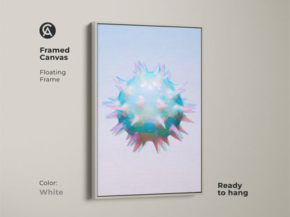 White framed canvas of holographic abstract cell art. This sci-fi geometric wall art features iridescent teal blue and pink colors. This contemporary abstract art is ready to hang.