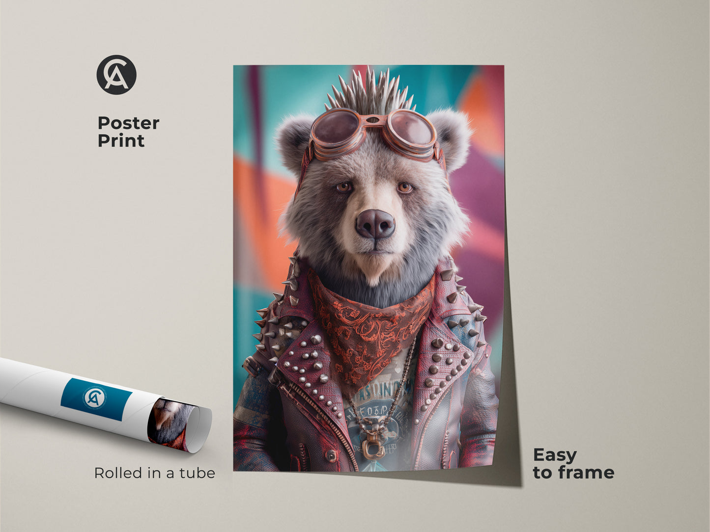Poster print of a punk rock bear art piece rolled in a tube. Features a bear in a leather jacket and goggles. An easy to frame animal punk print for edgy home decor. Ideal music lover gift and cool man cave art. Vibrant red blue and teal colors.