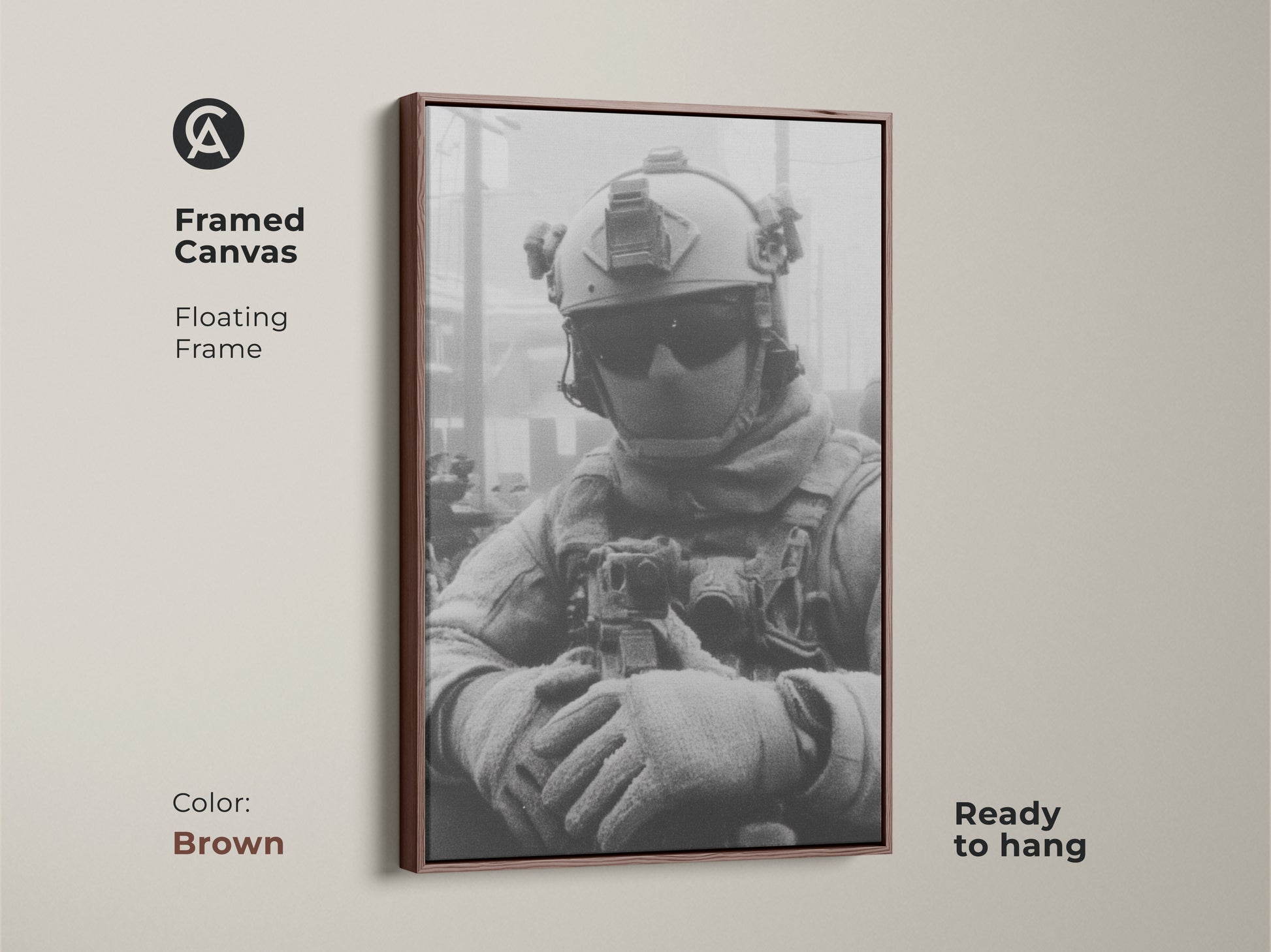 Framed canvas artwork of a soldier in a floating frame with a brown finish. This ready-to-hang print brings a touch of military valor to your home or office decor with this artwork.