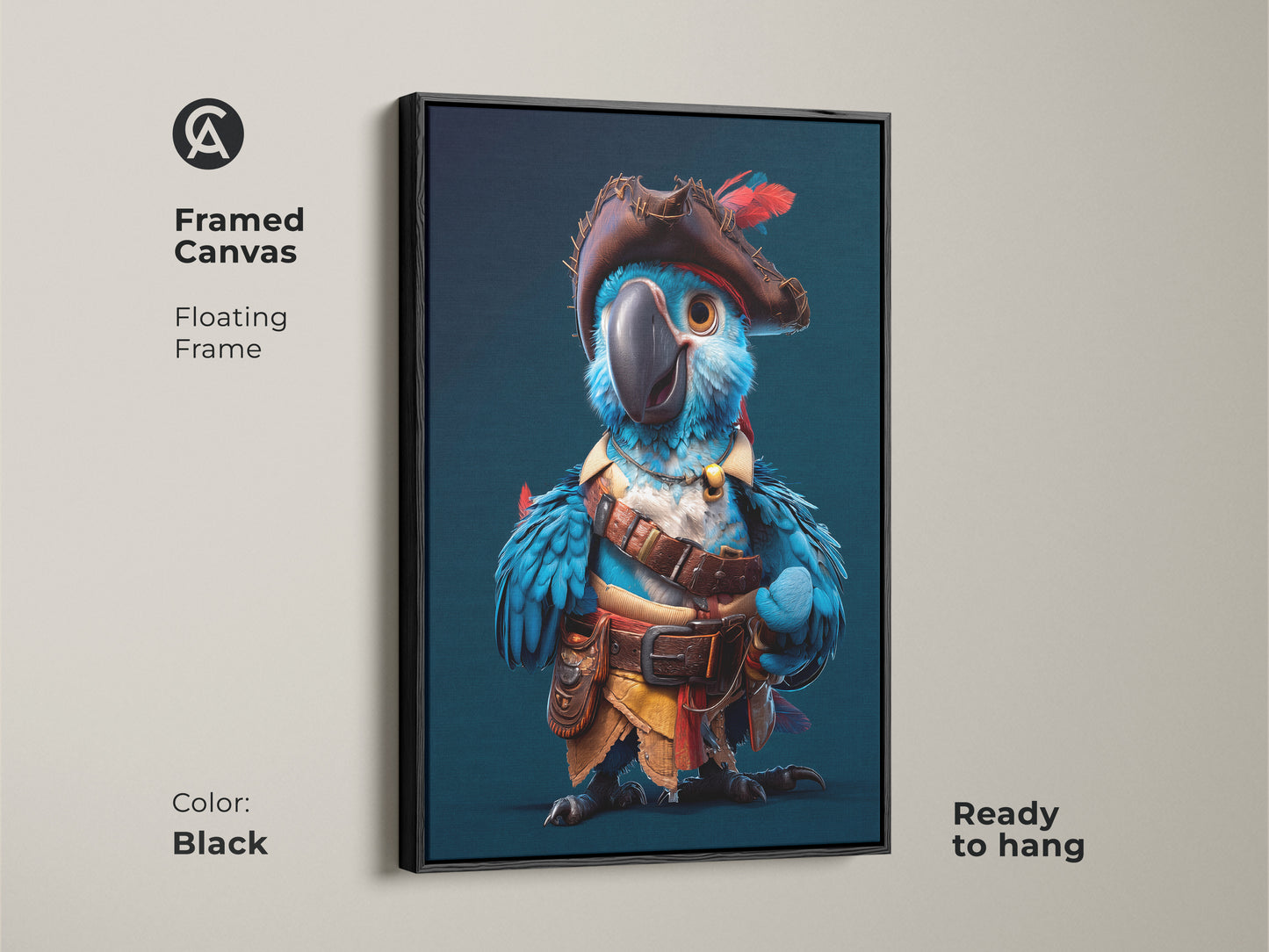 Framed canvas of a cartoon pirate parrot with a floating black frame. Ready to hang avian fantasy art. Whimsical parrot painting adds color to a children's bedroom.