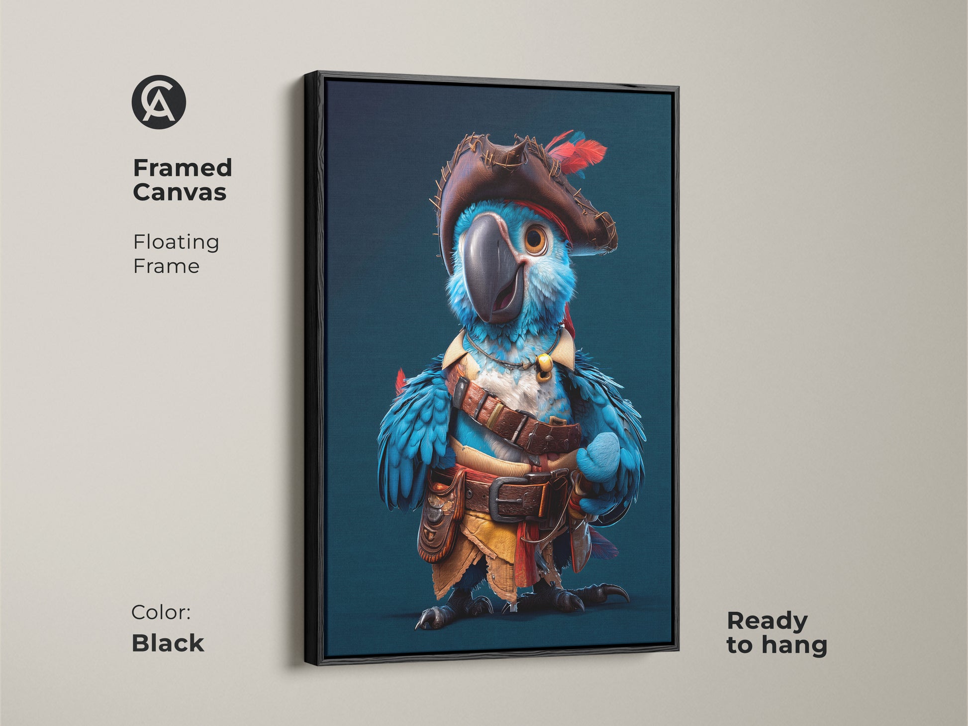 Framed canvas of a cartoon pirate parrot with a floating black frame. Ready to hang avian fantasy art. Whimsical parrot painting adds color to a children's bedroom.