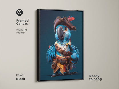 Framed canvas of a cartoon pirate parrot with a floating black frame. Ready to hang avian fantasy art. Whimsical parrot painting adds color to a children's bedroom.